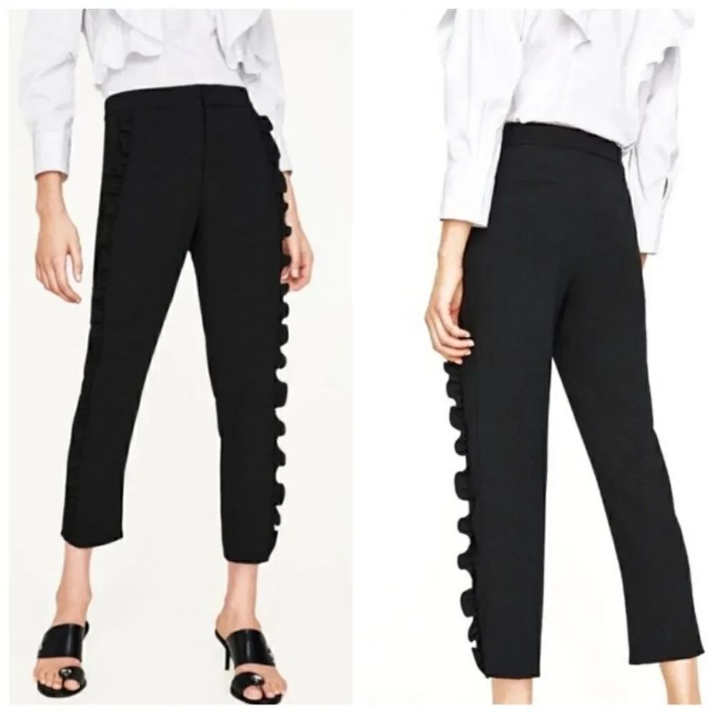 Zara Black Ruffle Sides Details Trousers Pants Size Large